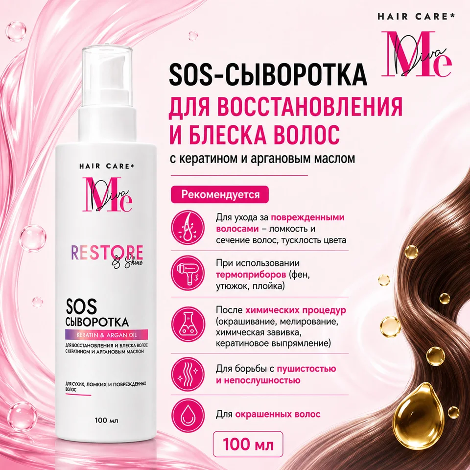 Медива SOS-сыворотка для восстановления и блеска волос с кератином и аргановым маслом 100 мл