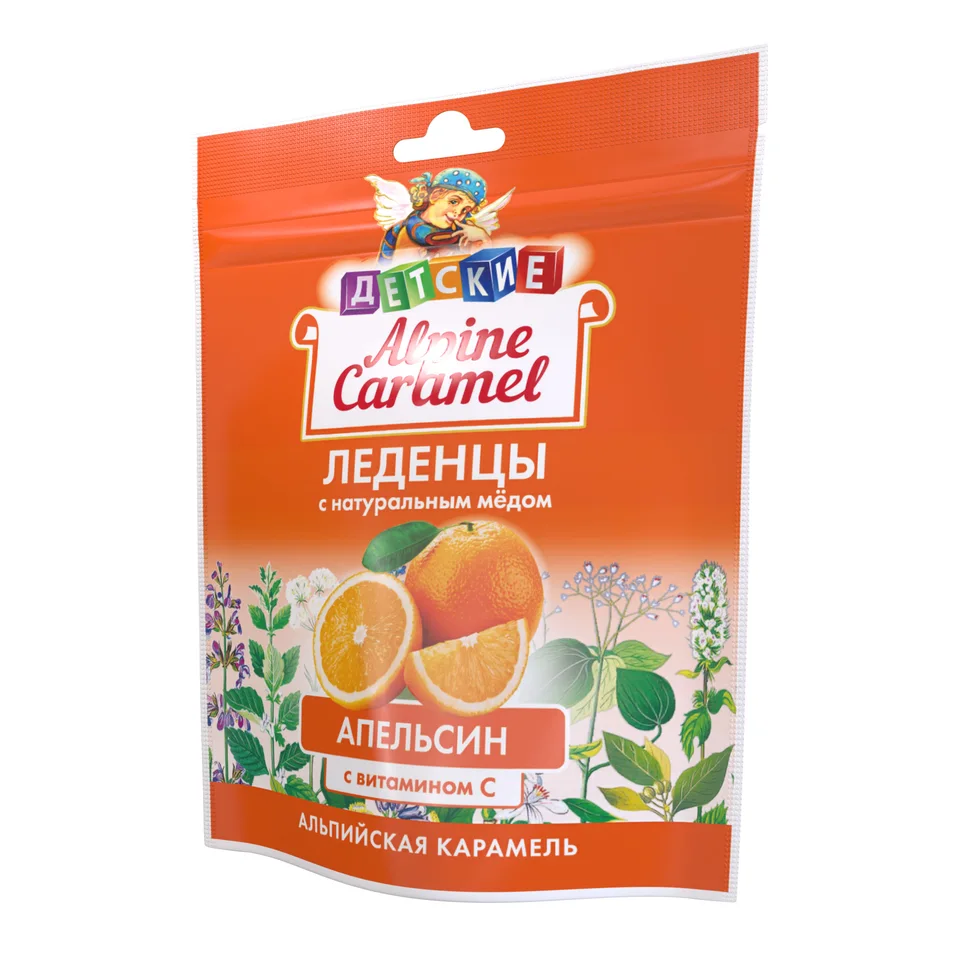 Альпийская карамель леденцы детские с натуральным медом и витамином С вкус апельсин 75 гр