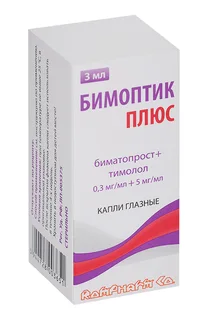 Бимоптик плюс 0,3 мг / мл+5 мг / мл 3 мл капли глазные