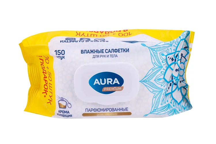 Салфетки Aura Premium влажные парфюмированные арома коллекция с крышкой 150 шт