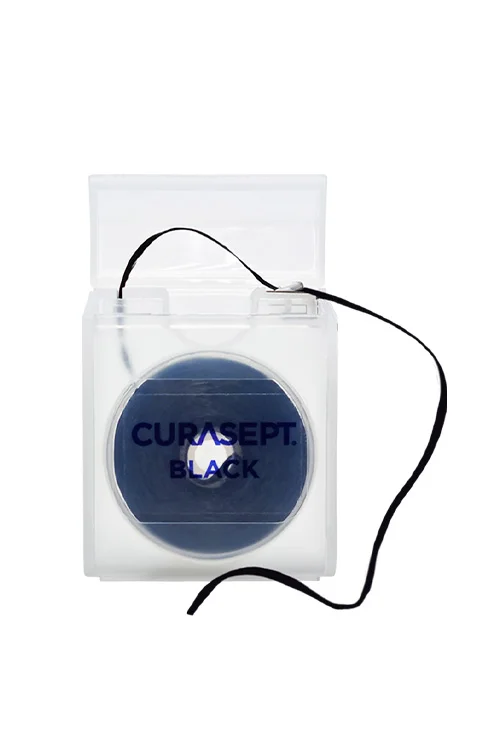 Зубная нить чёрная Curasept Black вощеная CHX 0,2% со вкусом мяты 50м