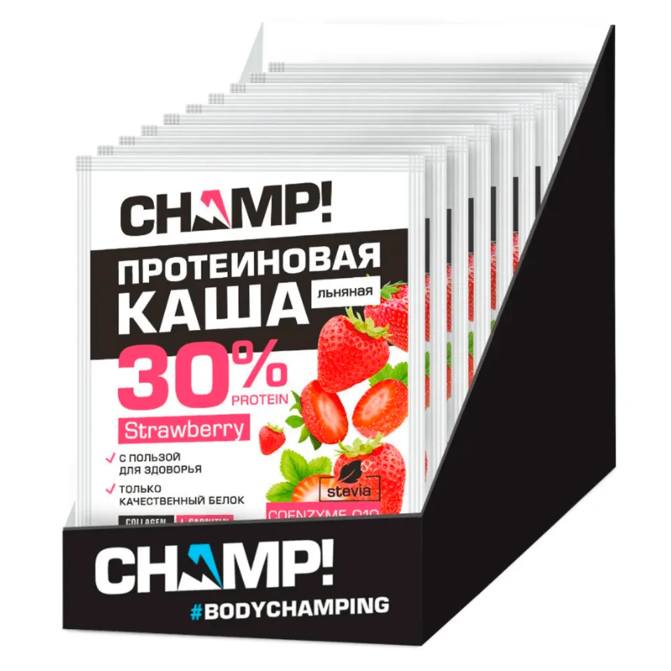 Протеиновая льняная каша Champ! с коэнзимом Q10 Клубника 10 штук по 40 гр Леовит