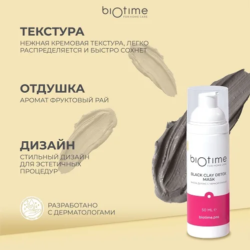 Маска-детокс Biotime для лица очищающая против прыщей и акне с черной глиной 50 мл