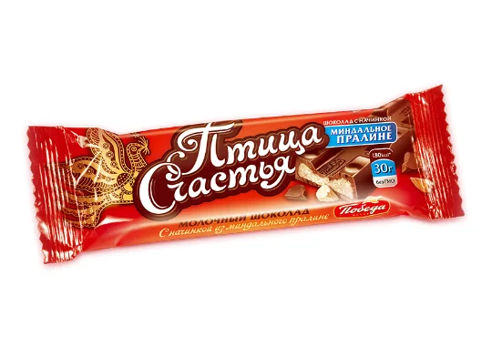 Шоколад Птица счастья молочный с начинкой из миндального пралине 30 гр