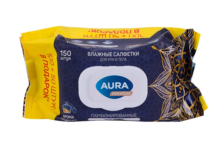 Салфетки Aura Premium влаж парфюмиров Арома коллекция Пион / мускус с крышкой, 150 шт