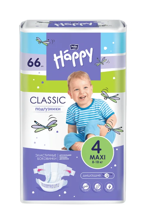 Подгузники Bella baby Happy classic Maxi с эластич боковинками (8-18 кг) 66 шт