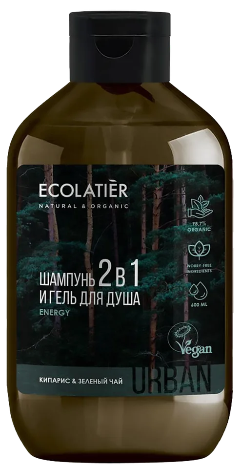 Мужской гель для душа и шампунь 2 в 1 кипарис & зеленый чай 600 мл Ecolatier
