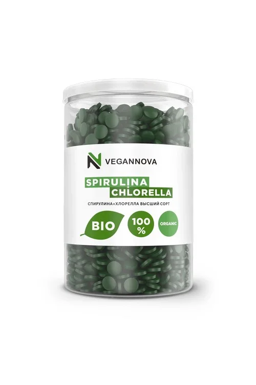 VeganNova Спирулина и хлорелла в таблетках, суперфуд, 100% натуральная, 400 г (1600 шт)