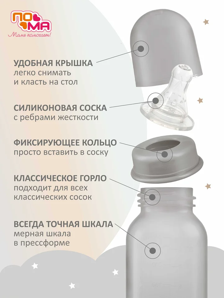 Бутылочка Пома 250 мл 1 шт (ПП силикон средний поток) РФ 6+ 10610серый