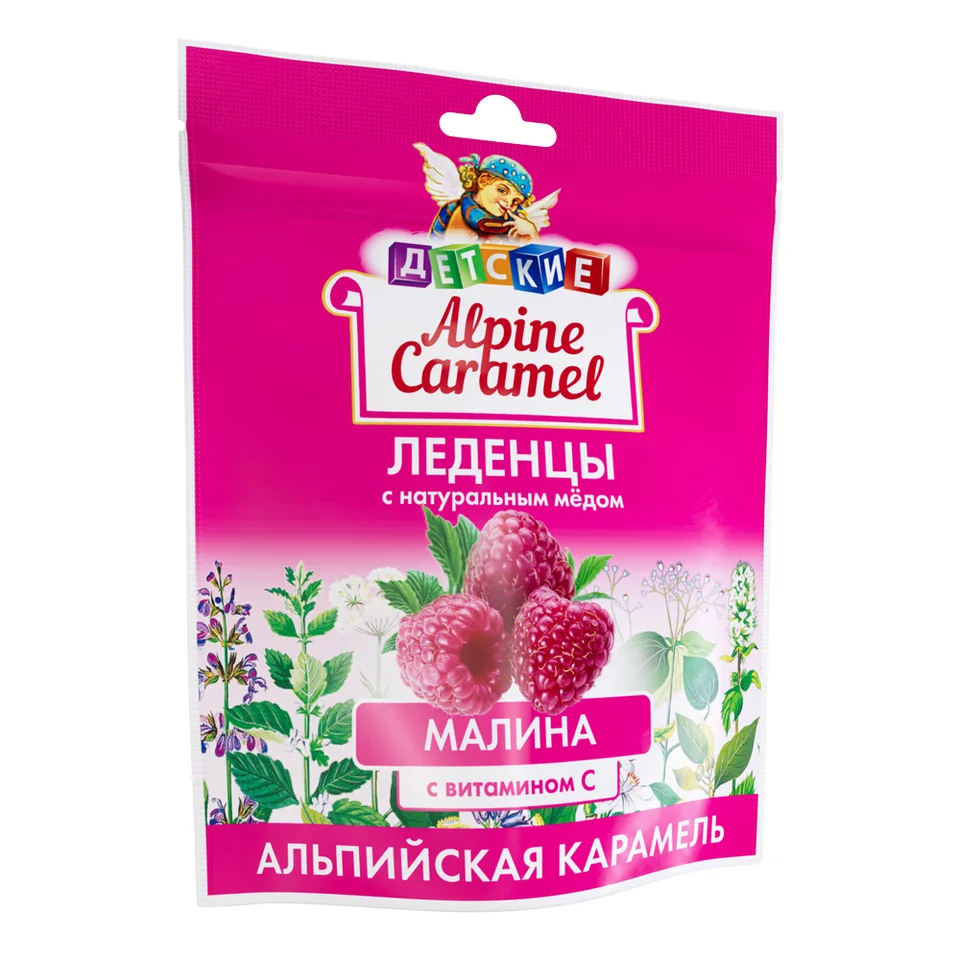 Альпийская карамель леденцы детские с натуральным медом и витамином С вкус малина 75 гр