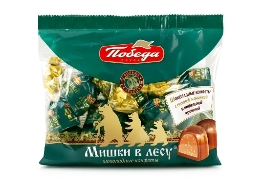 Конфеты Мишки в лесу шоколадные с начинкой и вафельной крошкой пакет 200 гр