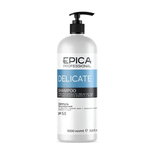 Шампунь Epica professional Delicate бессульф pH 5,5 очищающ с гиал кислот и витамин А/С/В5/РР 1 л