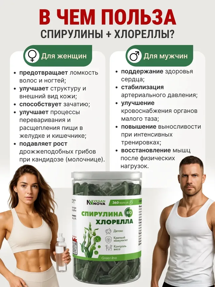 Vegannova Спирулина и хлорелла в капсулах, суперфуд, 100% натуральная, 360 штук