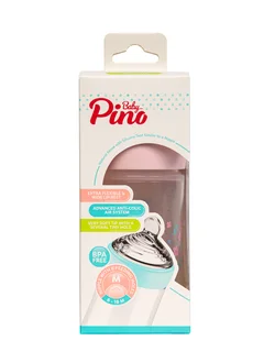 Детская бутылочка "Baby Pino", размер соски М, розовый ободок, для 6-18 месяцев, 260 мл.