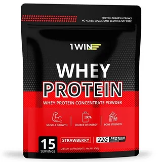 Протеин 1WIN whey protein белковый коктейль для питания спортсменов без сахара клубника, 450 г, (77193)
