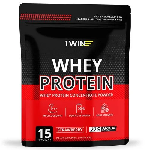 Протеин 1WIN whey protein белковый коктейль для питания спортсменов без сахара клубника, 450 г, (77193)