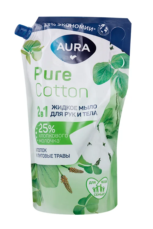 Мыло жид Aura Pure Cotton 2в1 Хлопок / луговые травы для рук / тела 850 мл
