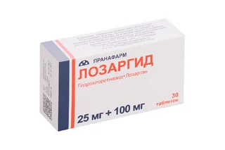 Лозартан+гидрохлортиазид Лозаргид 25 мг+100 мг 30 шт таблетки покрытые пленочной оболочкой