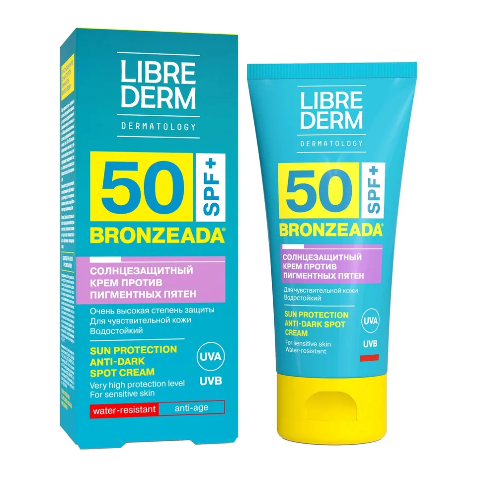 Солцезащитный крем для лица и тела против пигментных пятен водостойкий, SPF50, Bronzeada, 50 мл, Librederm