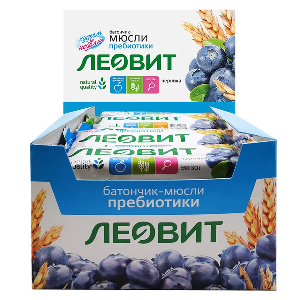 Батончик-мюсли с черникой и лютеином 26 шт по 30 гр Леовит