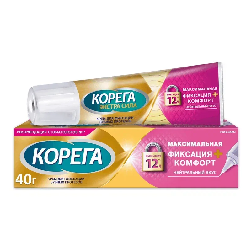 Корега Фиксация+Комфорт Крем для Фиксации зубных протезов 40 гр Нейтр. вкус / Комфорт К-М для Фикс. зубная пр-В 40 гр Мята