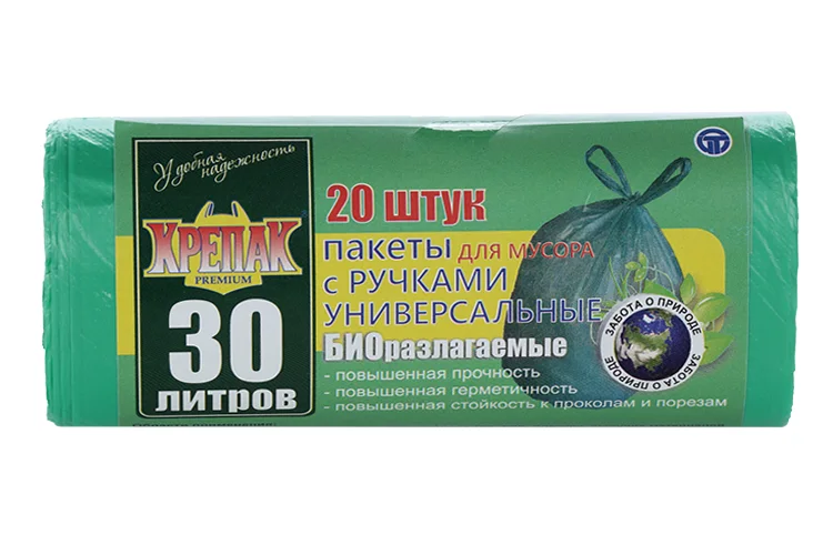Мешки для мусора Крепак БИОразлагаемые 30 л с ручками ПНД 11 мкм 50?66 см 20 шт цвет зеленый