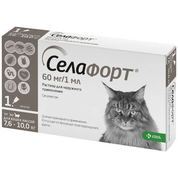 Селафорт капли на холку для кошек весом от 7,6 до 10 кг пипетка 60 мг 1 мл
