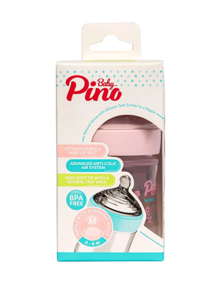 Детская бутылочка Baby Pino размер соски М (розовый ободок рис. цветы) силиконовая, антиколиковая 150 мл.