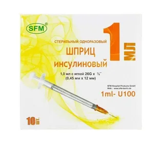 СФМ шприц одноразовый инсулиновый трехкомпонентный 1 мл U-40 с иглой 29G 0,33×12,7 10 шт