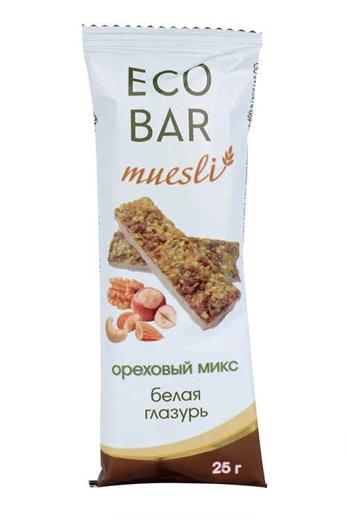 Батончик мюсли ЭкоБар ореховый микс в белой глазури 25 гр