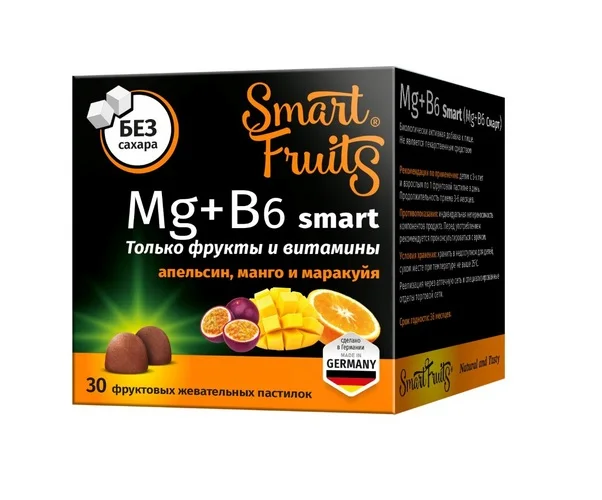 Mg+B6 смарт Smart Fruits апельсин / манго / маракуйя 30 шт пастилки жевательные