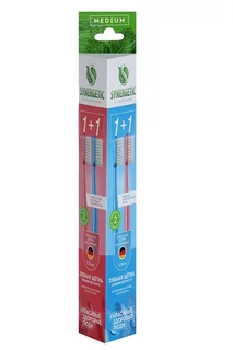 Зубная щетка Synergetic Eco dental care для взрослых средней жесткости розовая / голубая 1+1
