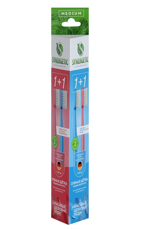 Зубная щетка Synergetic Eco dental care для взрослых средней жесткости розовая / голубая 1+1