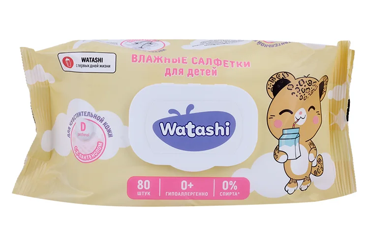 Салфетки Watashi влажные для детей с Д-пантенолом big-pack с крышкой (с 0 мес) 80 шт
