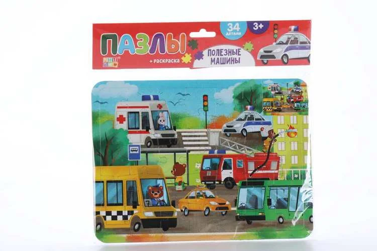 Пазл Puzzle Time в рамке Полезные машины 34 детали+ раскраска