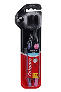 Зубная щетка Colgate шелковые нити с древесным углем черная мягкая 1+1 в подарок