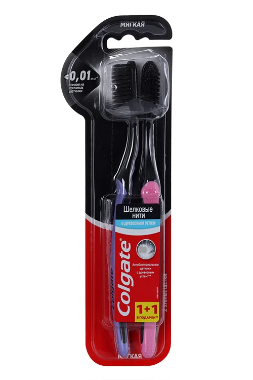 Зубная щетка Colgate шелковые нити с древесным углем черная мягкая 1+1 в подарок