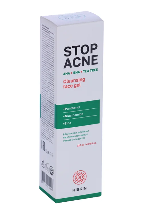 Гель Hiskin Stop Acne очищающий AHA+BHA+TEA Tree для умывания, 120 мл