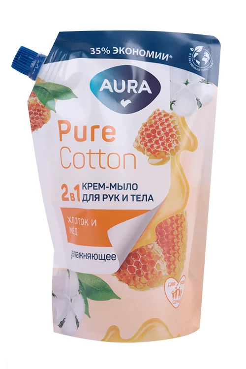 Крем-мыло Aura Pure Cotton 2в1 Хлопок / мед для рук / тела 450 мл