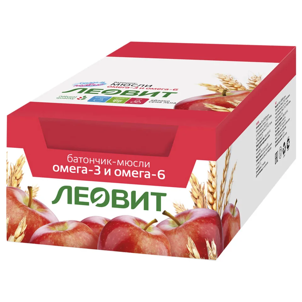 Батончик-мюсли с яблоком и семенем льна 26 шт по 30 гр Леовит