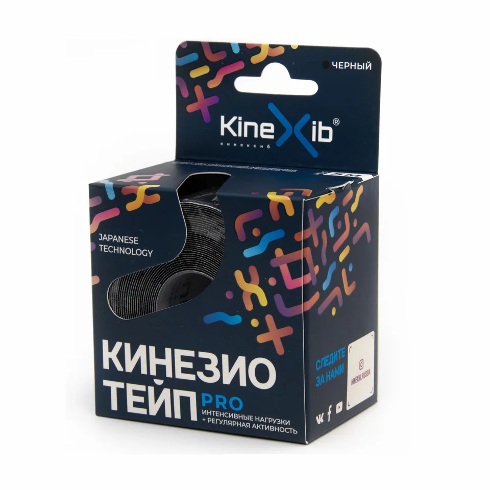 Бинт Кинезио-Тейп кинексиб про адгезивный восстанавливающий черный 5 см × 5 м