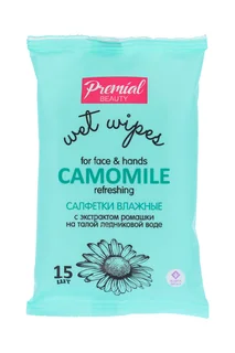 Салфетки Premial Beauty Camomile с экстрактом ромашки на талой ледник воде 15 шт
