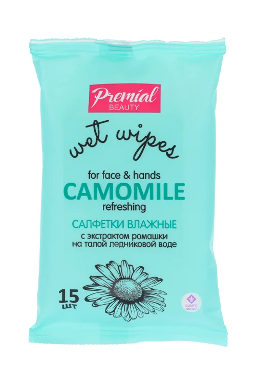 Салфетки Premial Beauty Camomile с экстрактом ромашки на талой ледник воде 15 шт