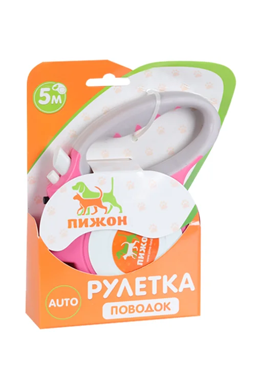 Рулетка "Пижон" с фонариком прорезиненная ручка 5 м до 35 кг розовая