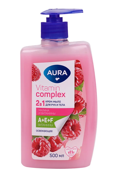 Крем-мыло Aura Vitamin Complex Малина / витамины 2в1 для рук / тела 500 мл