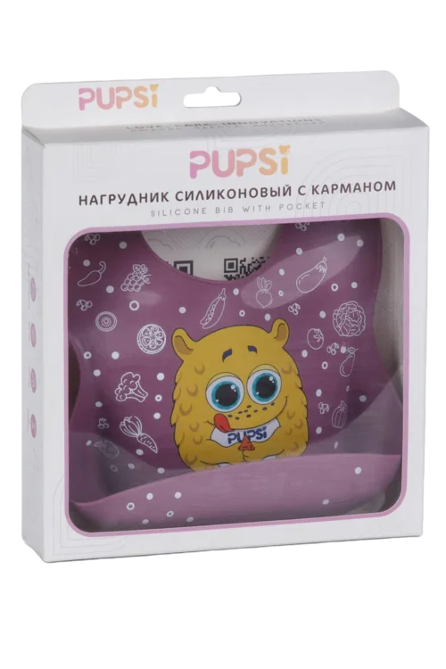 Нагрудник PUPSi монстрики силиконовый с кармашком с регулируемой застежкой сливов / бордовый