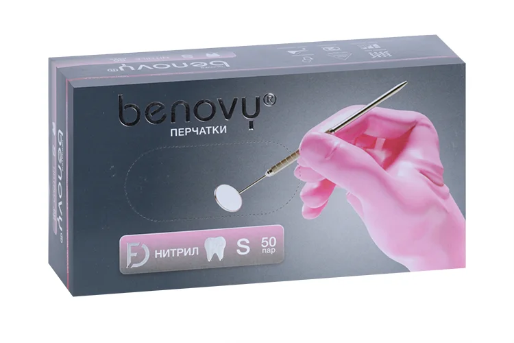Перчатки Benovy смотр / нитрил / нестерил / неопуд текстур на пальцах с однокр хлоринацией роз пара S 50 шт пара