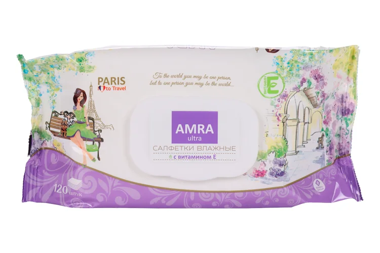 Салфетки Amra travel Paris влажные с витамином Е 120 шт