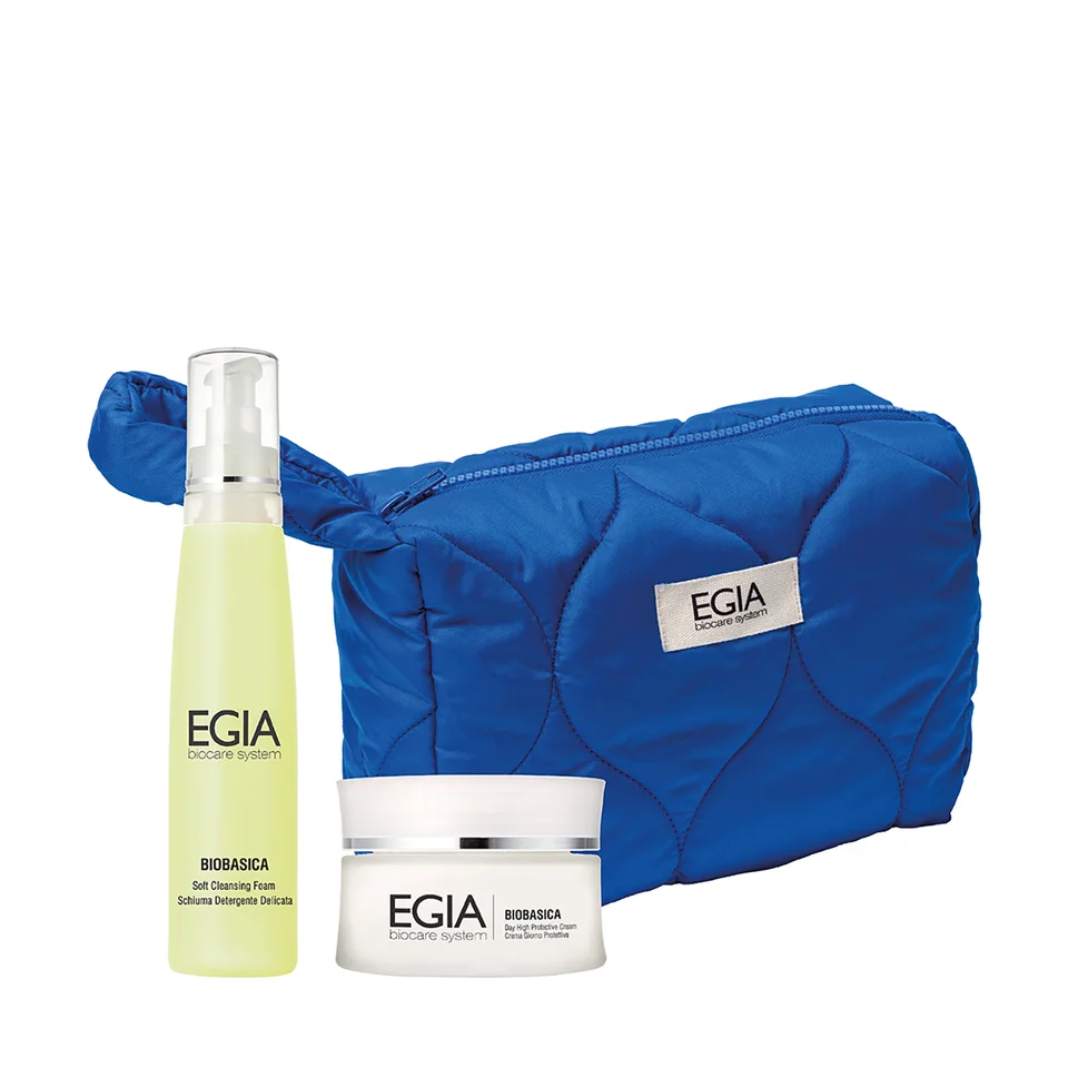Egia подарочный набор Electric Glow Мусс нежный очищающий 200 мл Крем нежный питательный 50 мл Косметичка синяя