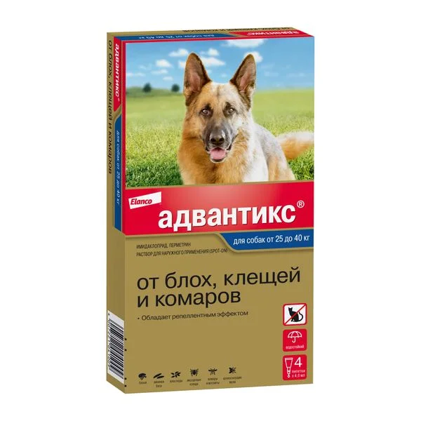 Адвантикс капли от блох, клещей и комаров для собак весом от 25 до 40 кг 4 шт